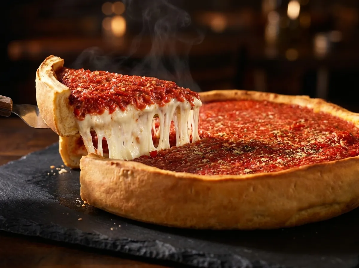 A 14 inch halal Chicago deep dish pie, sauce ladled over the top crust