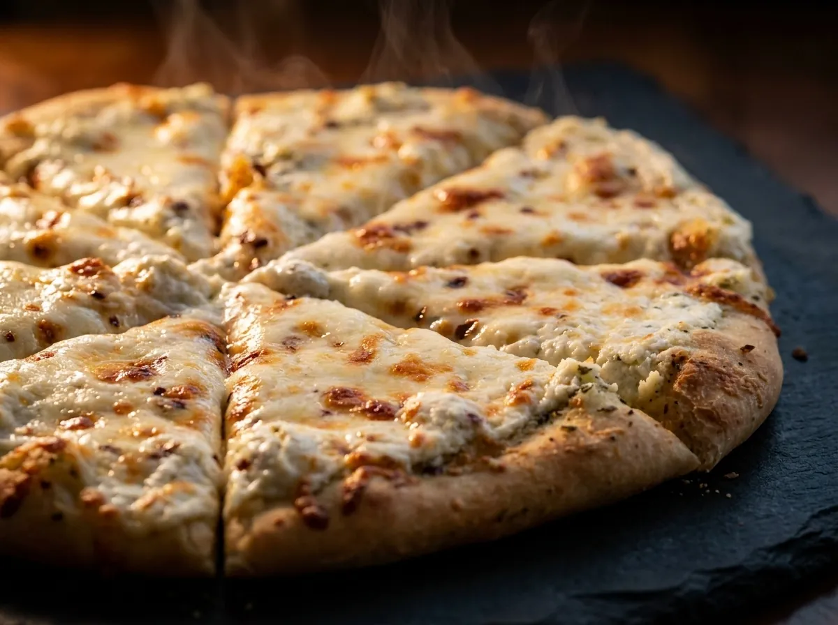 A halal four cheese pizza fresh from the oven at Chicago Pizza and Pasta
