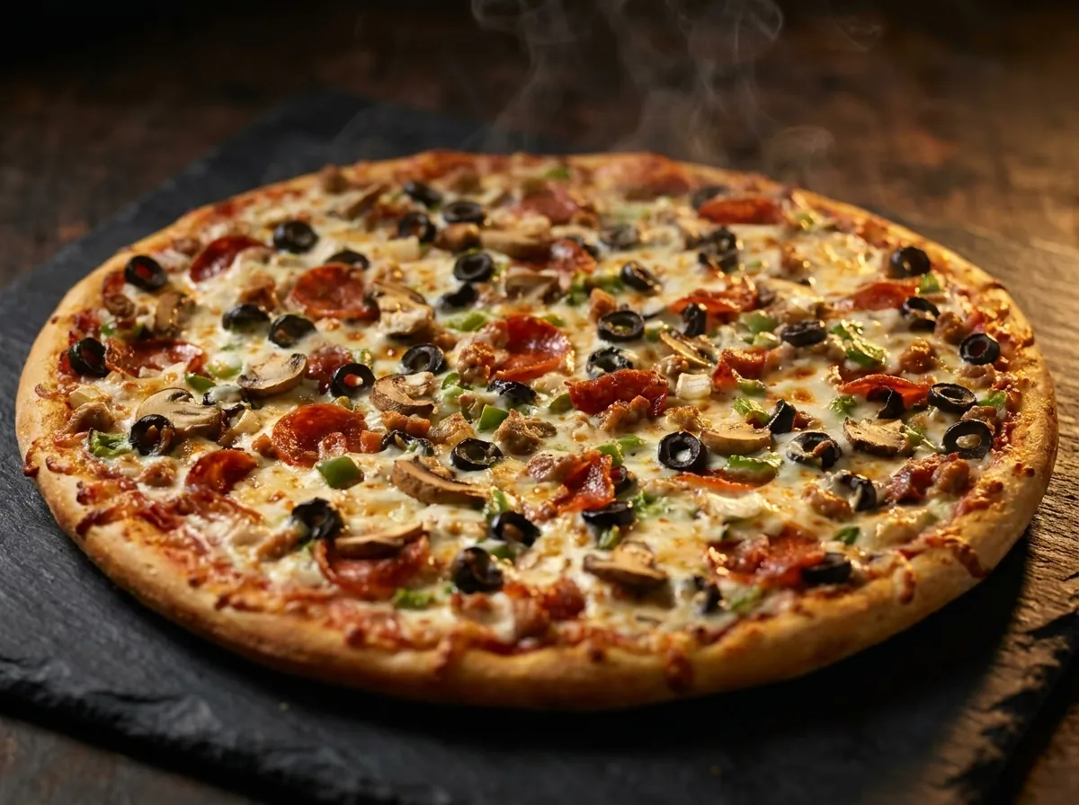 A halal supreme pizza on the pass at Chicago Pizza and Pasta in Irving, Texas